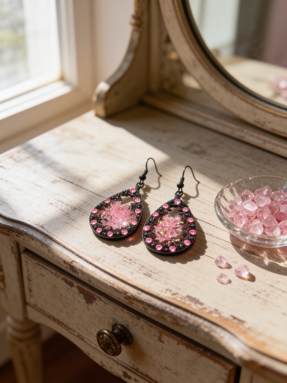 Pink Teardrop Crystal Dangle Earrings -